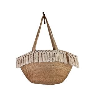 Raffia Beige Handbag Straw Woven Tassel Double Handle Bucket Beach Bag Large